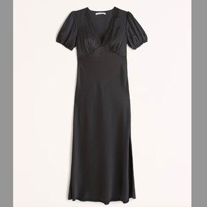 Puff Sleeve Lace Trim Black Silky Midi Dress